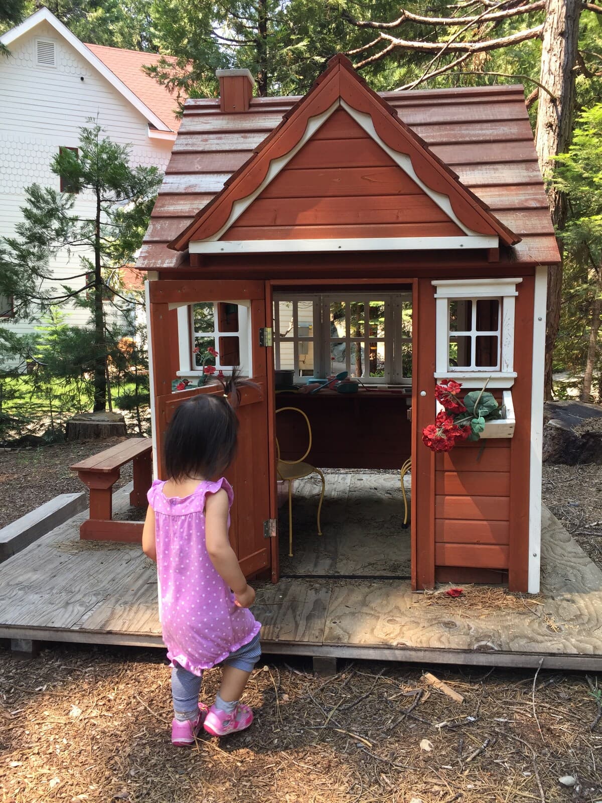 Child walking toward the playhouse in the yard